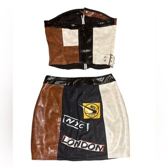 Faux Leather Brown and Black Patchwork Skirt Set - Picture 2 of 12